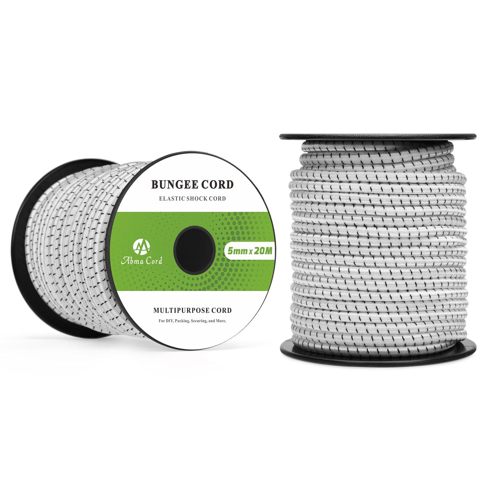 Abma Cord Bungee Cord 5mm 20M Elastic Shock Cord 100% Stretch Elastic Bungee Rope for Tarpaulin, Trailer, Backpack, Tent Pole, Kayak - White&Black