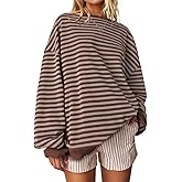 UEU Women Oversized Striped Crewneck Sweatshirt Long Sleeve Color Block Pullover Tops Casual Loose Workout Shirt