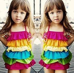 Little Girls Ruffled Rainbow Striped Bathing Suits