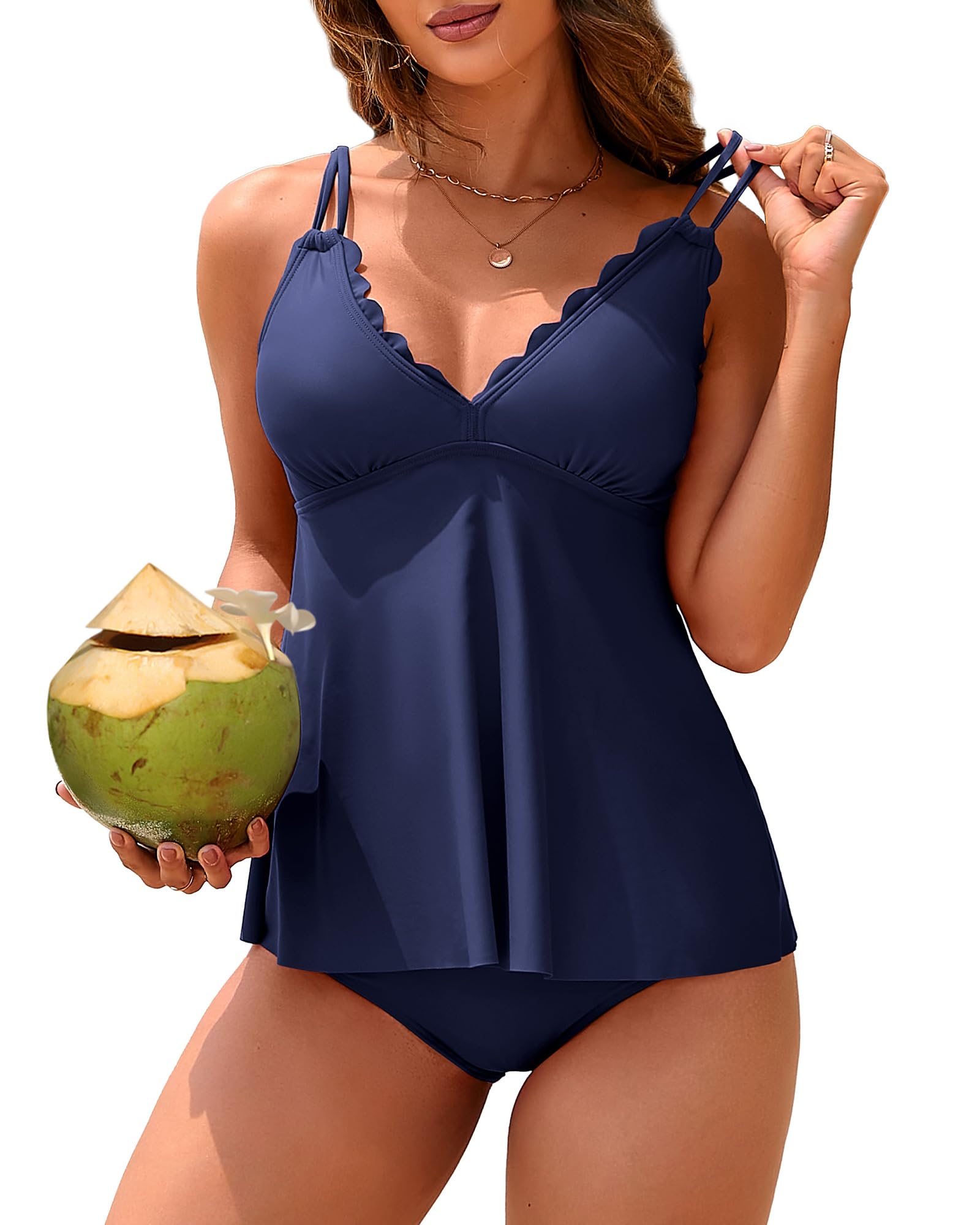 Photo 1 of ANFILIA Tummy Control Tankini Bathing Suits for Women Two Piece Scallop Trim V Neck Tankini Top with Bottom Swimsuits Deep Blue