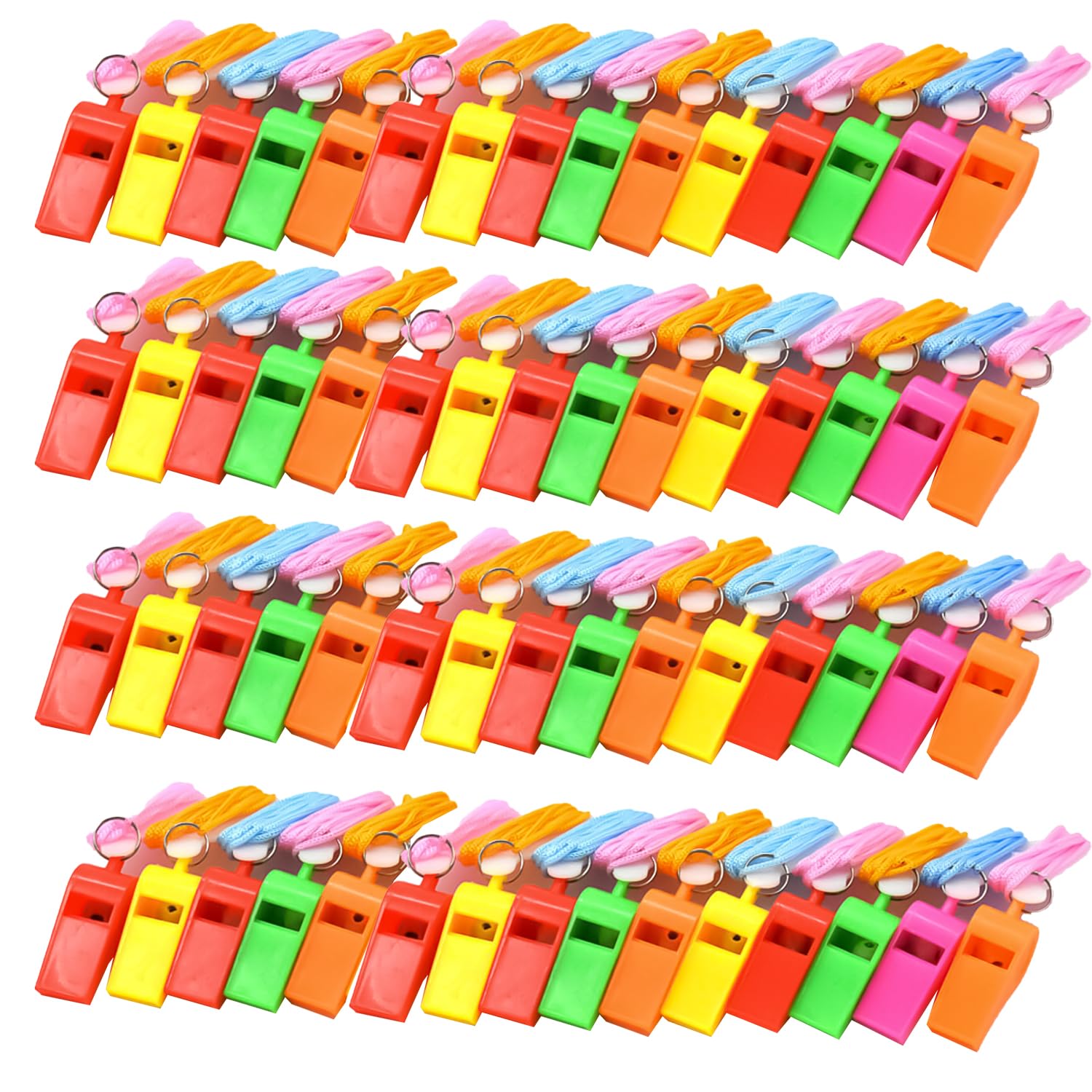 RmKbe 60pcs Neon Whistles with String Lanyards Plastic Whistles Loud Sound Sport Whistle Party Bag Fillers for Kids Officials Sports