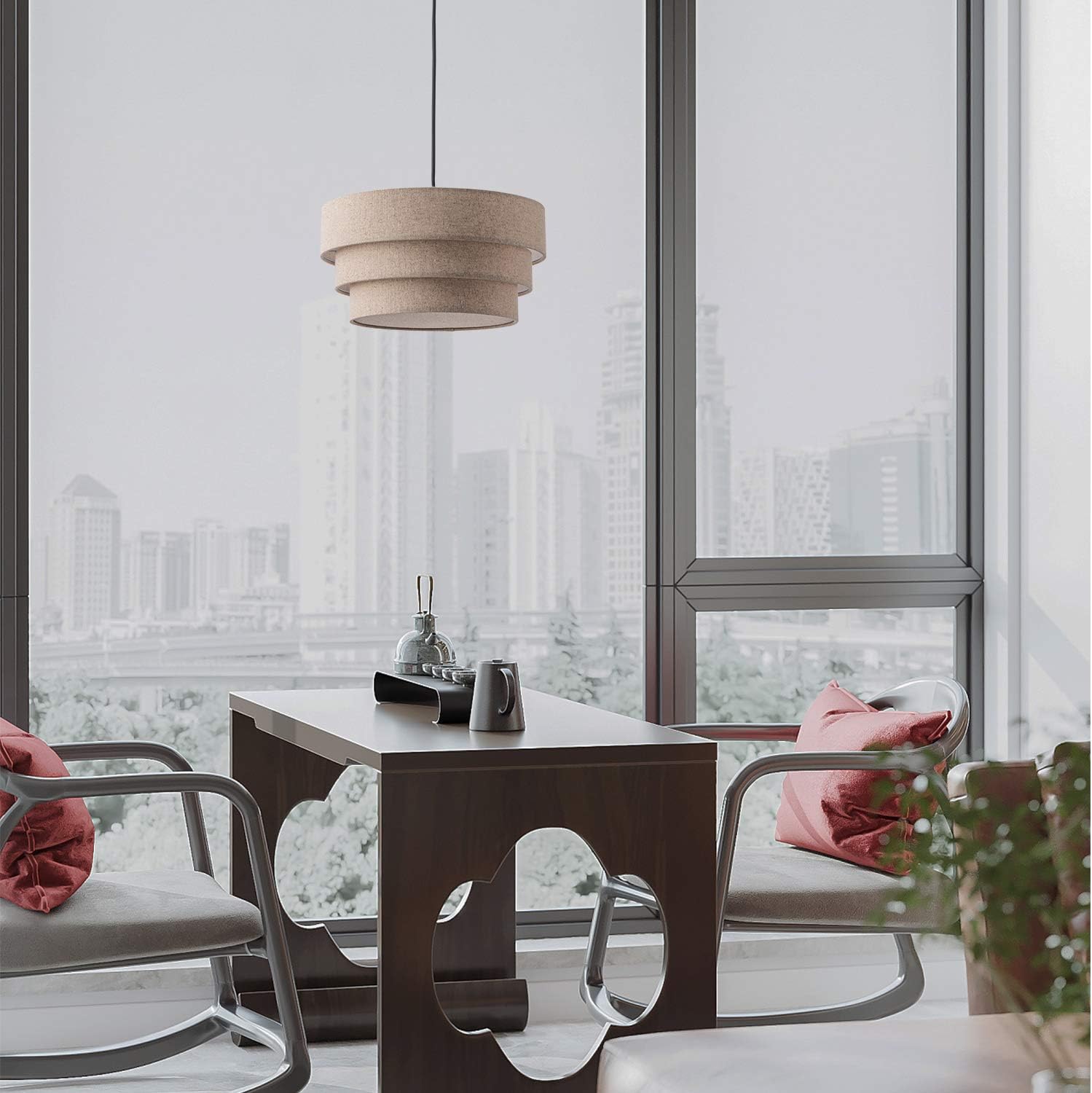 Rustic Pendant Lighting with Grey Linen Fabrics Lampshade Drum Pendant Light Modern Chandelier Adjustable Hanging Light Fixture for Kitchen, Foyer, Dining Room, Entryway Hallway Polished Nickel Finish: Home Improvement