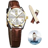OLEVS Classic Leather Watches for Women, Business Dress Diamond Roman Arabic Numerals Ladies Watches, Day Date Waterproof Analog Quartz Womens Wrist Watches Brown Leather Strap Relojes para Mujer