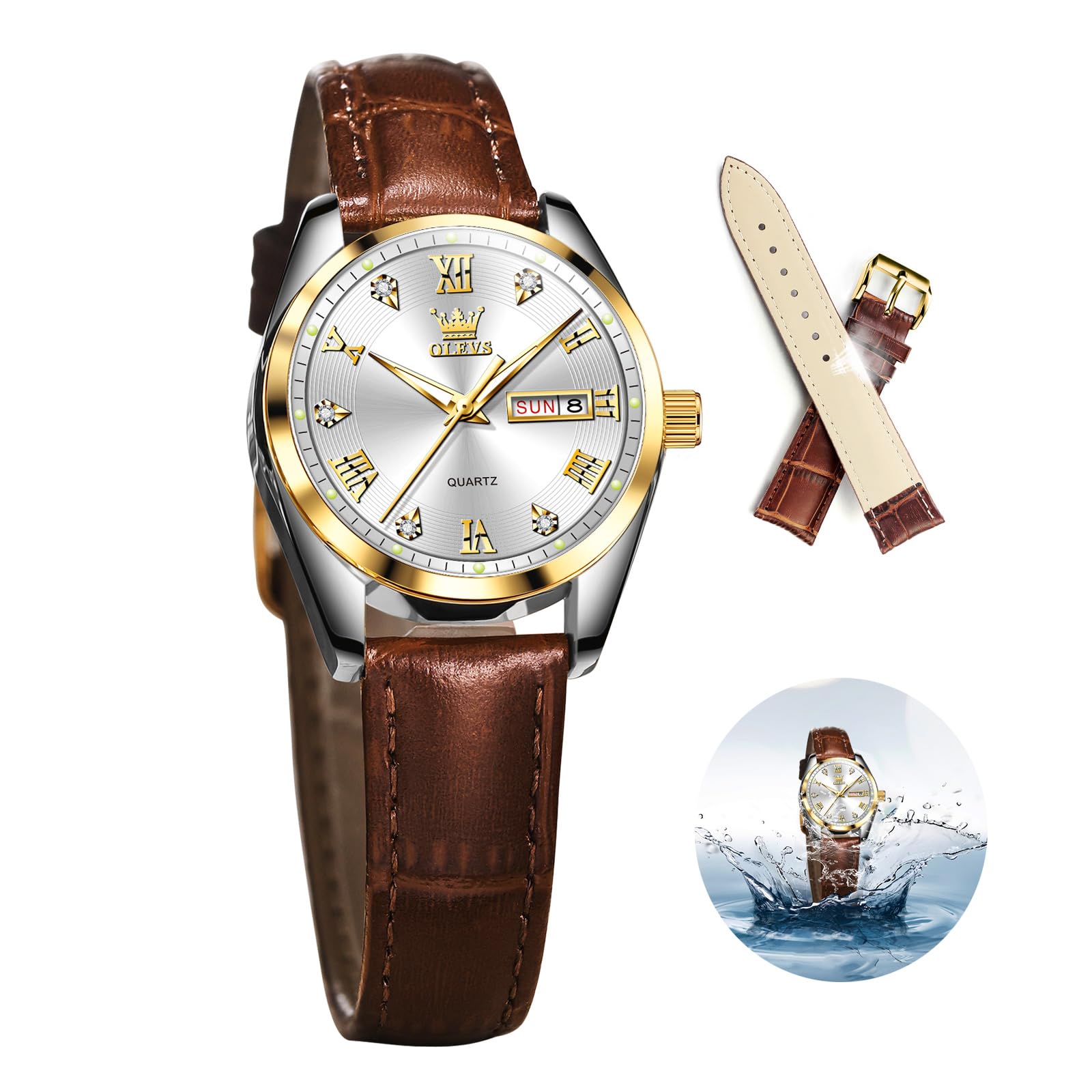 OLEVS Classic Leather Watches for Women, Business Dress Diamond Roman Arabic Numerals Ladies Watches, Day Date Waterproof Analog Quartz Womens Wrist Watches Brown Leather Strap Relojes para Mujer