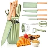 TOPLUCKY Knife Set, 7-Piece Kitchen Knife Set with Sharp Chef and Meat Knives, Anti-Rust Utility Knives Set for Kitchen, Kitchen Knife Block Set (Green)