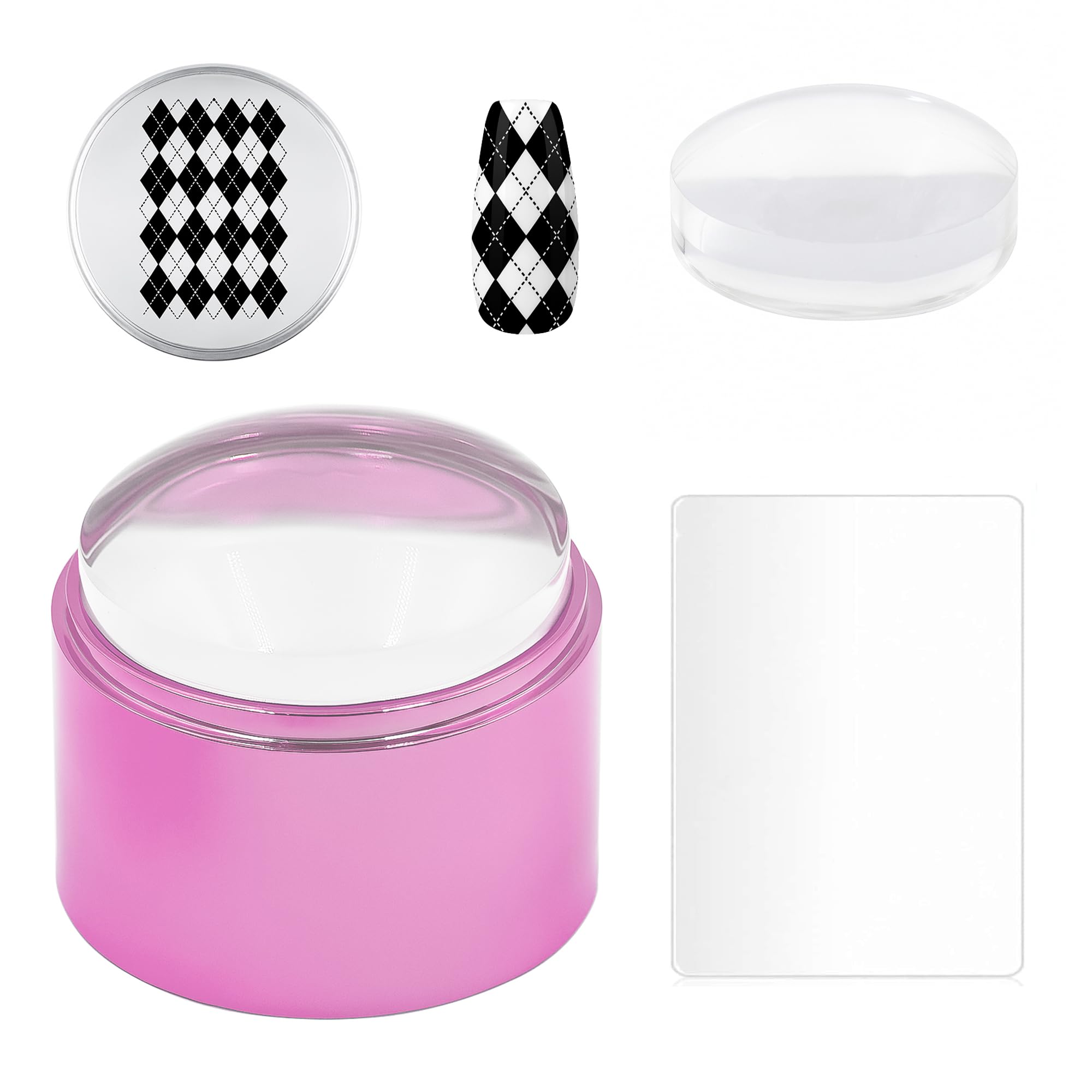 Photo 1 of 4cm Nail Art Stamper Kit Silicone French Tip Nails Stamp Sticky Nail Stamper with Replacement Heads&Scrapers Nail Art Stamping Nail Printing Tool for Home Manicure Diy (Pink)