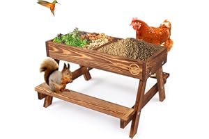 CHTSJQW Chicken Picnic Table, Chicken Feeder No Waste Handmade Carbonized Wooden, Large DIY Chicken Feeder Kit, Wild Bird, Duck & Squirrel Feeders, Mesh Bottom Keep Food Fresh and Dry Easy to Clean and Fill