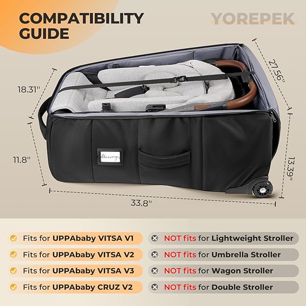 YOREPEK STROLLER BAG COMPATIBLE WITH UPPABABY VISTA V2/V3 AND CRUZ V2 (NO WHEEL REMOVAL NEEDED), PADDED STROLLER TRAVEL BAG WITH WHEELS, FOLDABLE STROLLER COVER WITH STORAGE POCKET, ALL BLACK