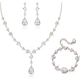 Crysdue Teardrop Bridal Jewelry Set for Wedding Party, Silver/14K/Rose Gold Plated Prom Costume Jewellery for Bride Bridesmaids Women, Cubic Zirconia Necklace Dangle Earrings Bracelet