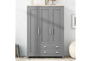 Hlcodca Three Door Storage Wardrobe with Cabinets and Two Hanging Rods, with Storage Shelevs Freestanding Wardrobe Cabinet, Clothes Cabinet Organizer for Bedroom (Gray-R)