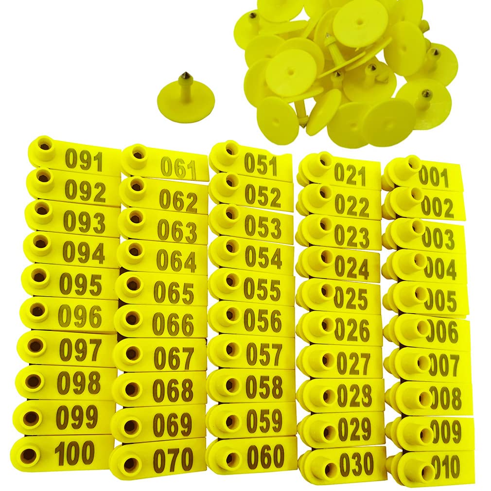 Photo 1 of 100PCS 001-100 Number Plastic Livestock Ear Tags Farm Animal Tags ID Tags Pink Green Blue Ear Tagger for Cow Cattle Sheep Goats Pigs Hogs Mark Label (Yellow)