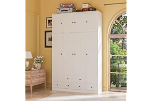 MOUMON 4 Shutter Door Wardrobe Armoire Closet with Shelves and Drawers, Armoire Wardrobe Closet with 2 Hanging Rods, Top Cube Storage, for Bedroom White (59”W x 19”D x 94.5”H)