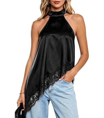Women Satin Halter Top Y2K Mock Neck Lace Trim Asymmetrical Hem