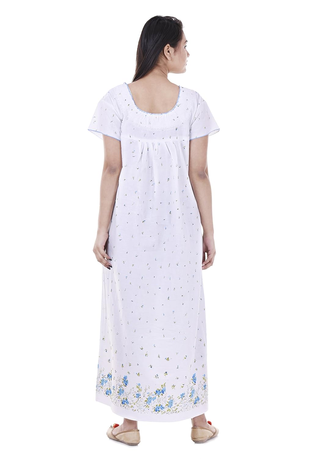 indian handicraft women's cotton nighty (gwn-23, white, free size)