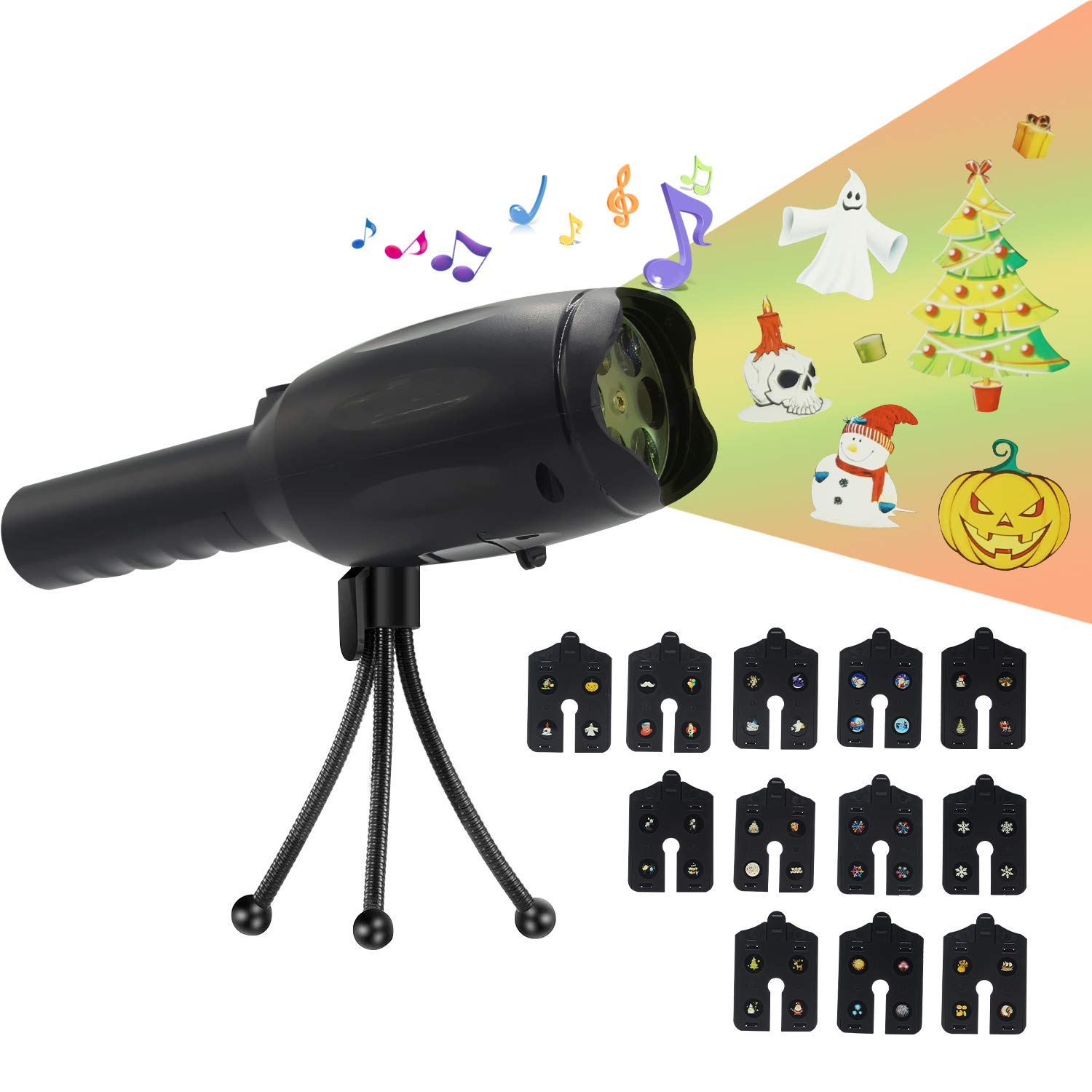 LED-Projektor für Weihnachten, Handheld-LED-Projektor 12 Folienmuster mit Musik für Geburtstag, Halloween, Weihnachten, Neujahr