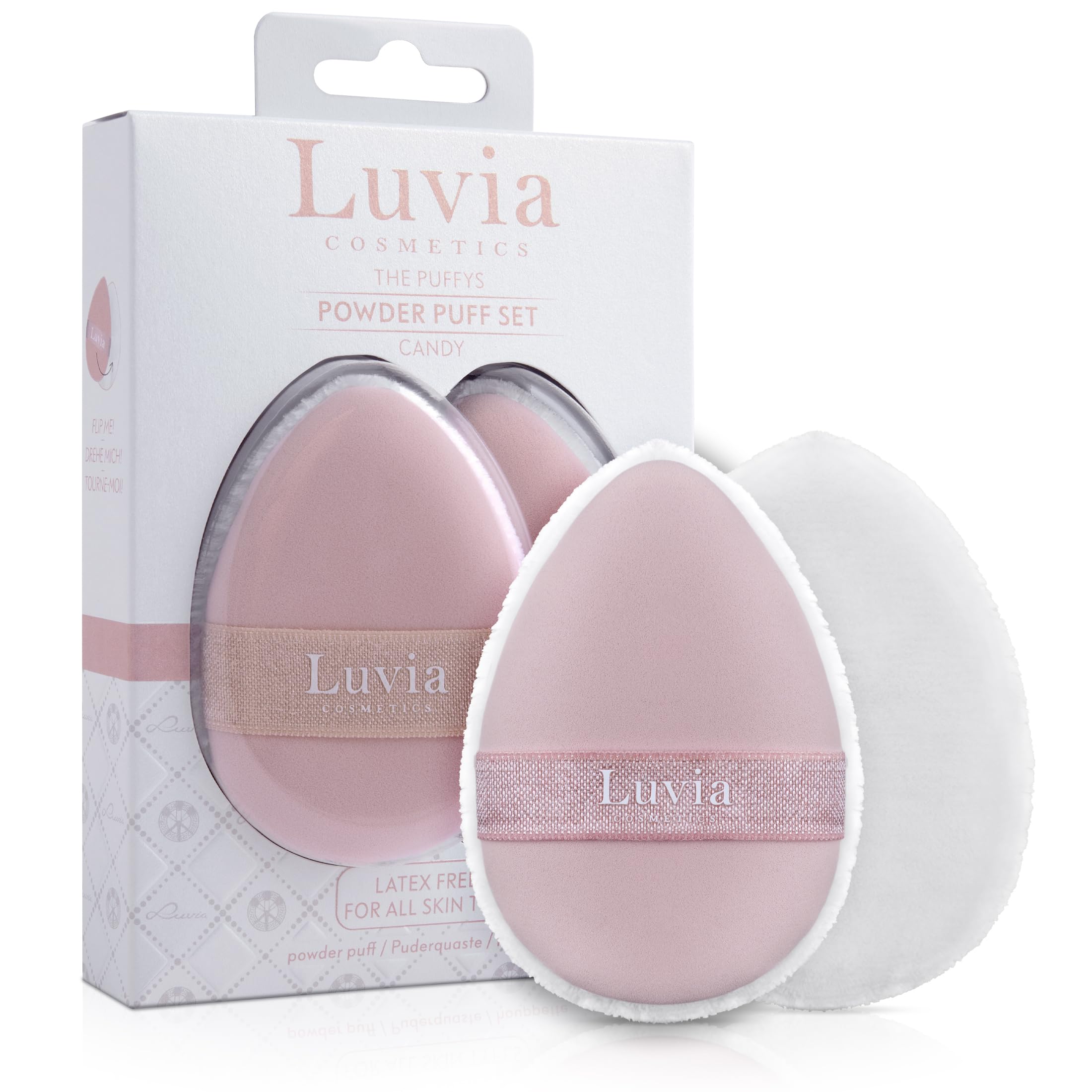 Powder Puff Set Candy - The Puffys Luvia Cosmetics, 2 Powder Puffs in Set, Double Sided Makeup Puff, Reversible Elastic Band, Professional Powder Puff for Liquid and Powder Textures in White and Pink