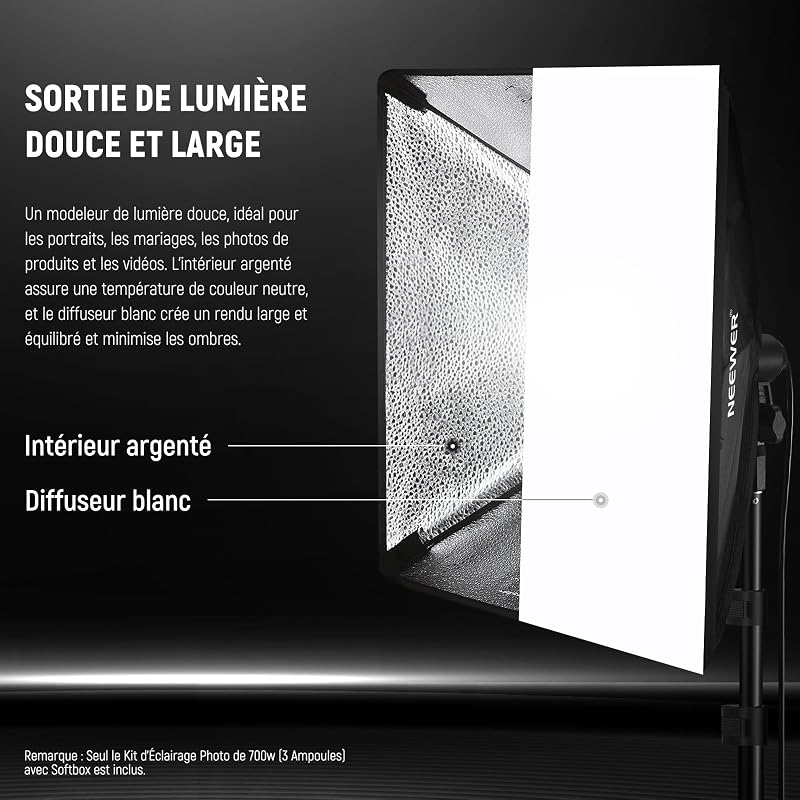 700W Kit d'éclairage équivalent, 3 Ampoules LED 5700K, 24x24 inches Softboxes avec Douille E26, Kit d'éclairage Continu pour la Photographie, équipement de Studio Photo