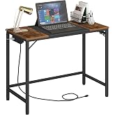 HOOBRO Computer Desk, 31.5 Inch Small Desk with Power Outlet, Writing Table with USB Charging Ports and 3 Hooks for Home Office, Study Room, Bedroom, Easy to Assemble, Rustic Brown and Black BF40UDN01