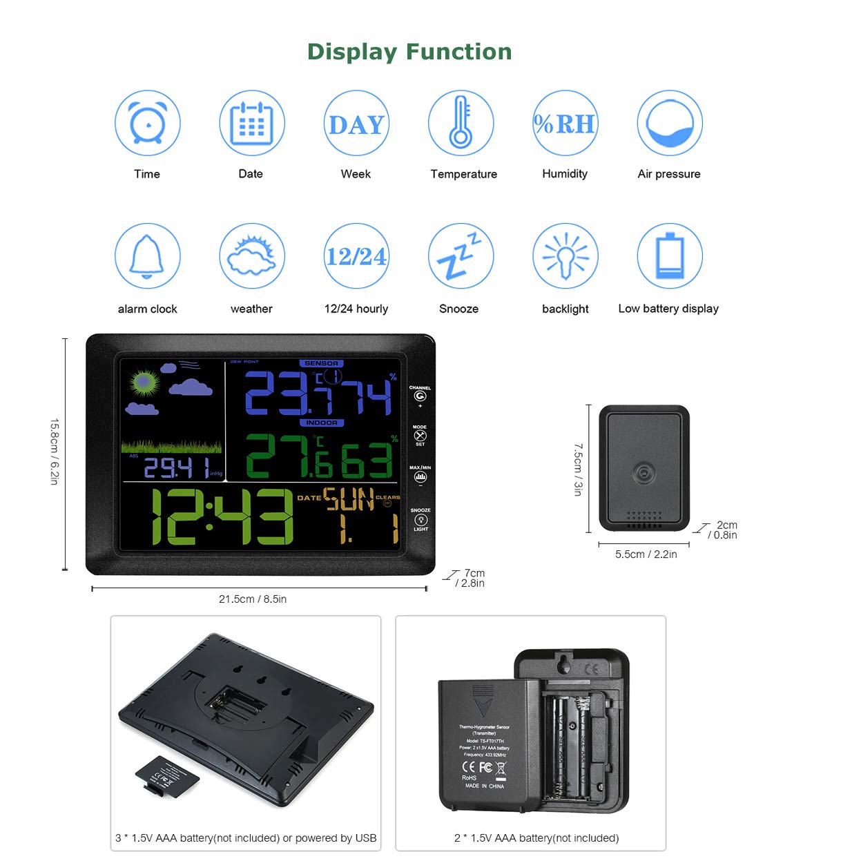 YZmoffer Wireless Color Weather Forecast Station Monitoring Indoor Outdoor Temperature and Humidity Touch Control, Digital Weather Clock Voice-Activated, Wireless Outdoor Sensor (Black)