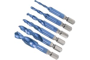 CoCud Metric Combination Drill & Tap Bit Set, M3 M4 M5 M6 M8 M10 Thread 1/4" Hex Shank, Blue Coated Drill Tap Bits Screw Tapping Tools - (Applications: for Thread Repair), 6-Pieces