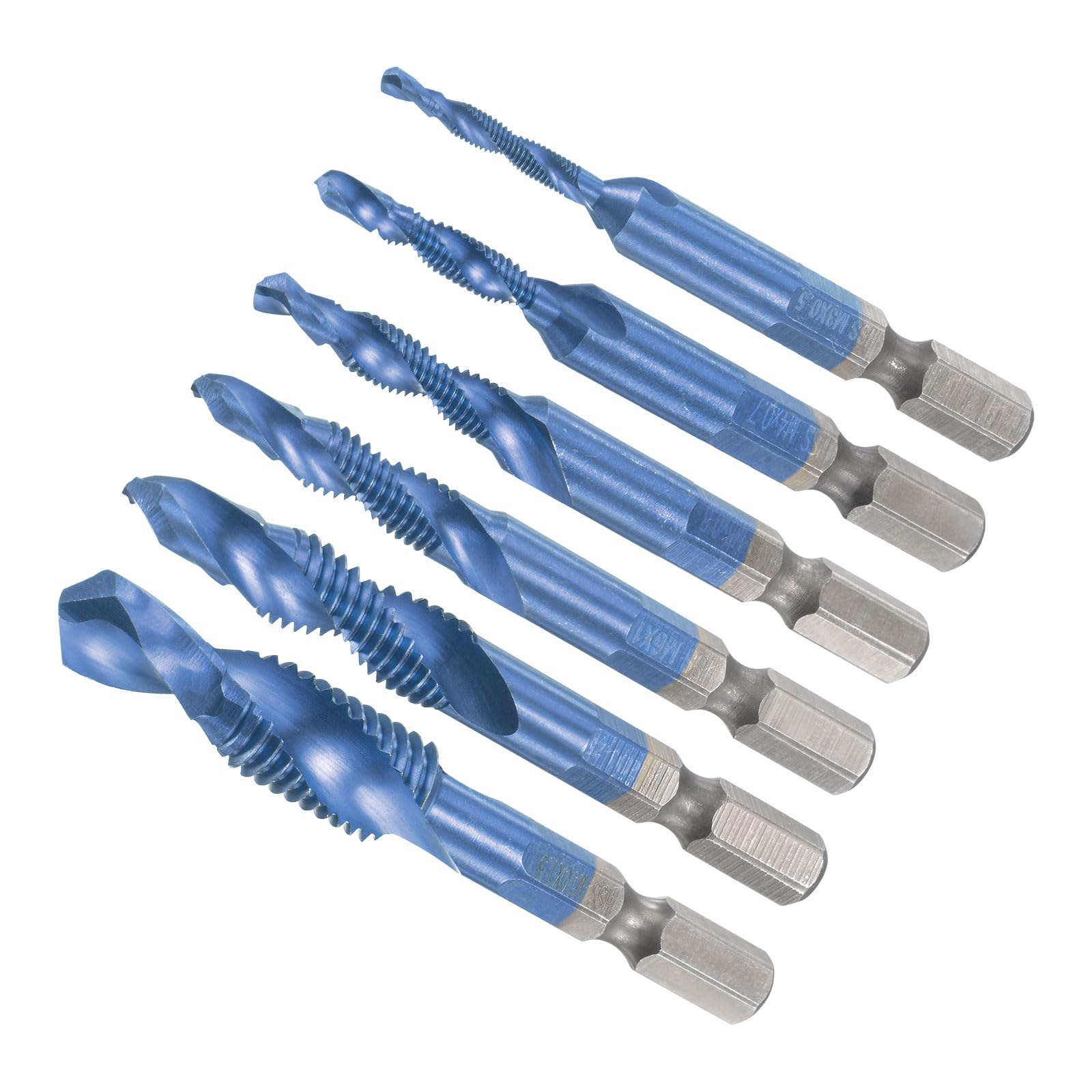 CoCud Metric Combination Drill & Tap Bit Set, M3 M4 M5 M6 M8 M10 Thread 1/4" Hex Shank, Blue Coated Drill Tap Bits Screw Tapping Tools - (Applications: for Thread Repair), 6-Pieces
