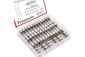 Tnisesm 60 Pcs F5AL Fast-Blow Fuse 5A 250 V Glass Fuses 5 x 20mm/0.2" x 0.75" 5 x 20-5A