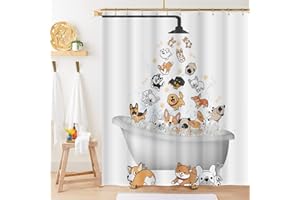 CANESSIOA Cute Raining Dogs Shower Curtain,Funny Dog Cartoon Corgi Kids Shower Curtains Hilarious Cute Animal Pets Playing Water Design Paw Pattern Children Bath Curtain Waterproof Fabric with Hooks,72''x78''