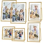Jajamy Set of 6 Gold Glass Floating Picture Frame, Glass Pressed Flower Frames Collection, 4"x 4", 4"x 6", 5"x 7" Gold Picture Frame for Stand Tabletop Photo Display