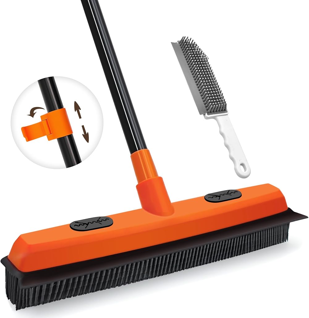 JEHONN Rubber Broom with Squeegee Pet Hair Remover 134 cm Telescopic