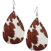 Black White Cow Print Faux Leather Earrings For Women Dangle Lightweight Teardrop Earrings