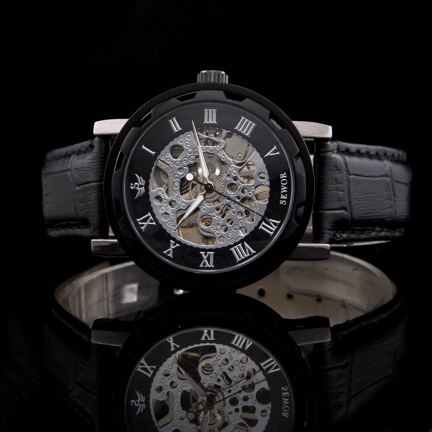 SEWOR Mens Hollow Skeleton Carving Orologio da polso meccanico a mano (Nero)