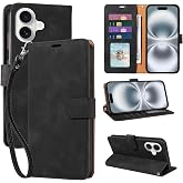 JHWVVTF for iPhone 16 Wallet Case RFID Blocking 4 Card Slots, Black | Soft Folio PU Leather, Wrist Strap, Viewing Stand, Magnetic Closure, Shockproof Protective, 16 Phone Case 6.1" Flip Cover