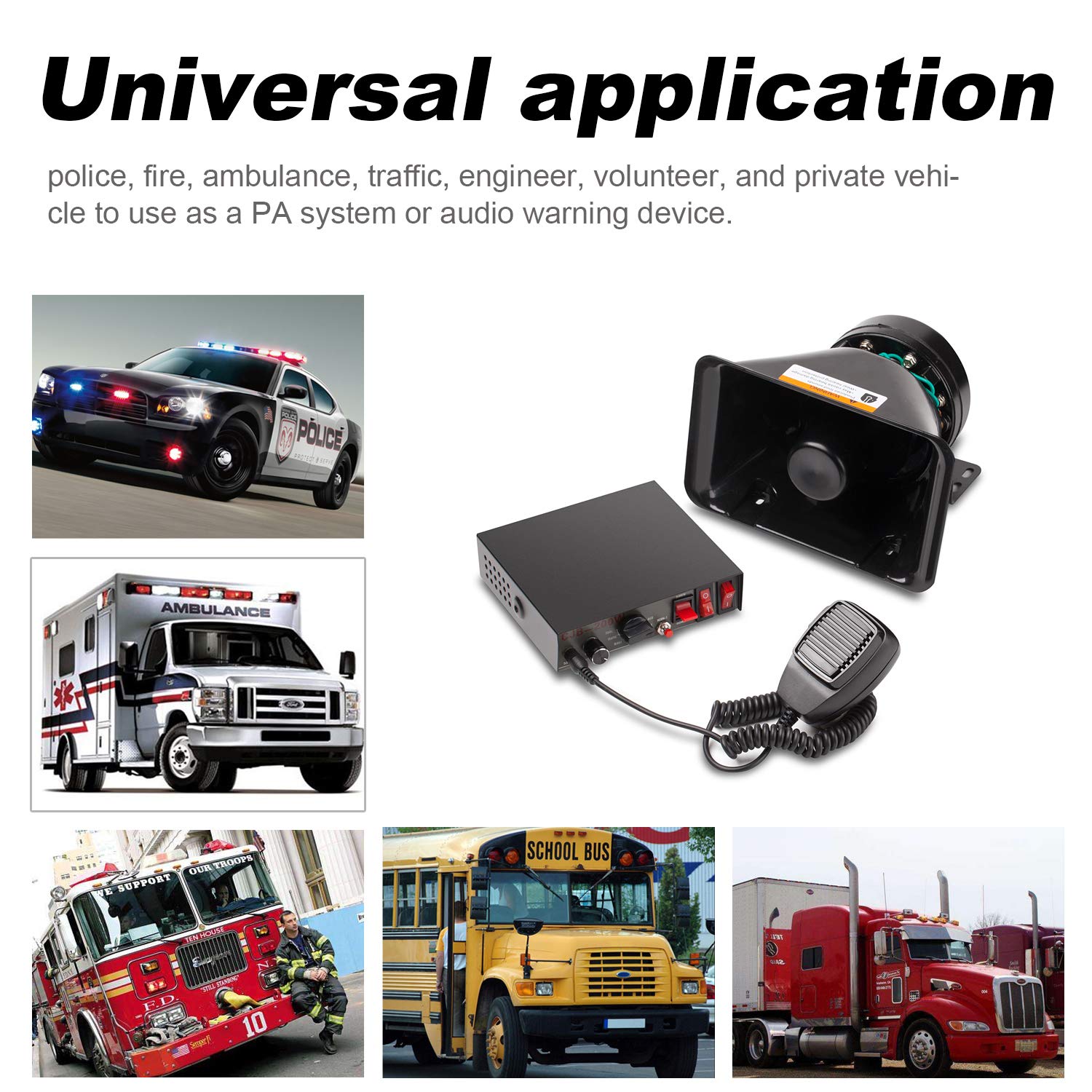 CJB200P Amplifier Police Siren & Black Plastic Square Speaker,DC12V 200W 9 Tones Wired Handheld Microphone Loudspeaker Emergency Siren Electronic PA System