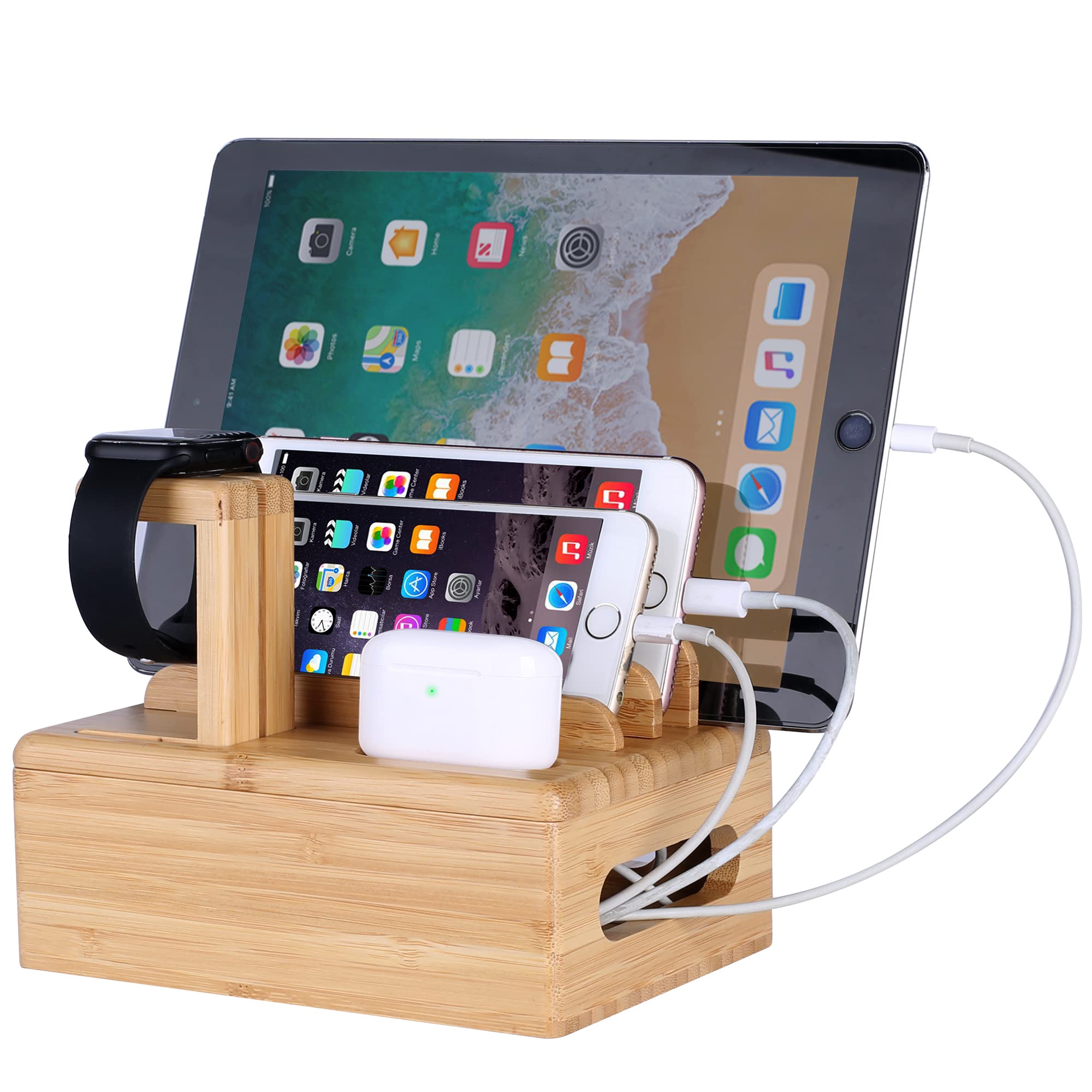 Bamboo Wood Desktop Organizer Charging Docking Station Charger Holder Cradle Charge Stand compatible with iPhone 14 13 12 11 Pro Max iPad Apple Watch 2 3 4 iWatch AirPods/AirPods Pro 2 3 Smartphones