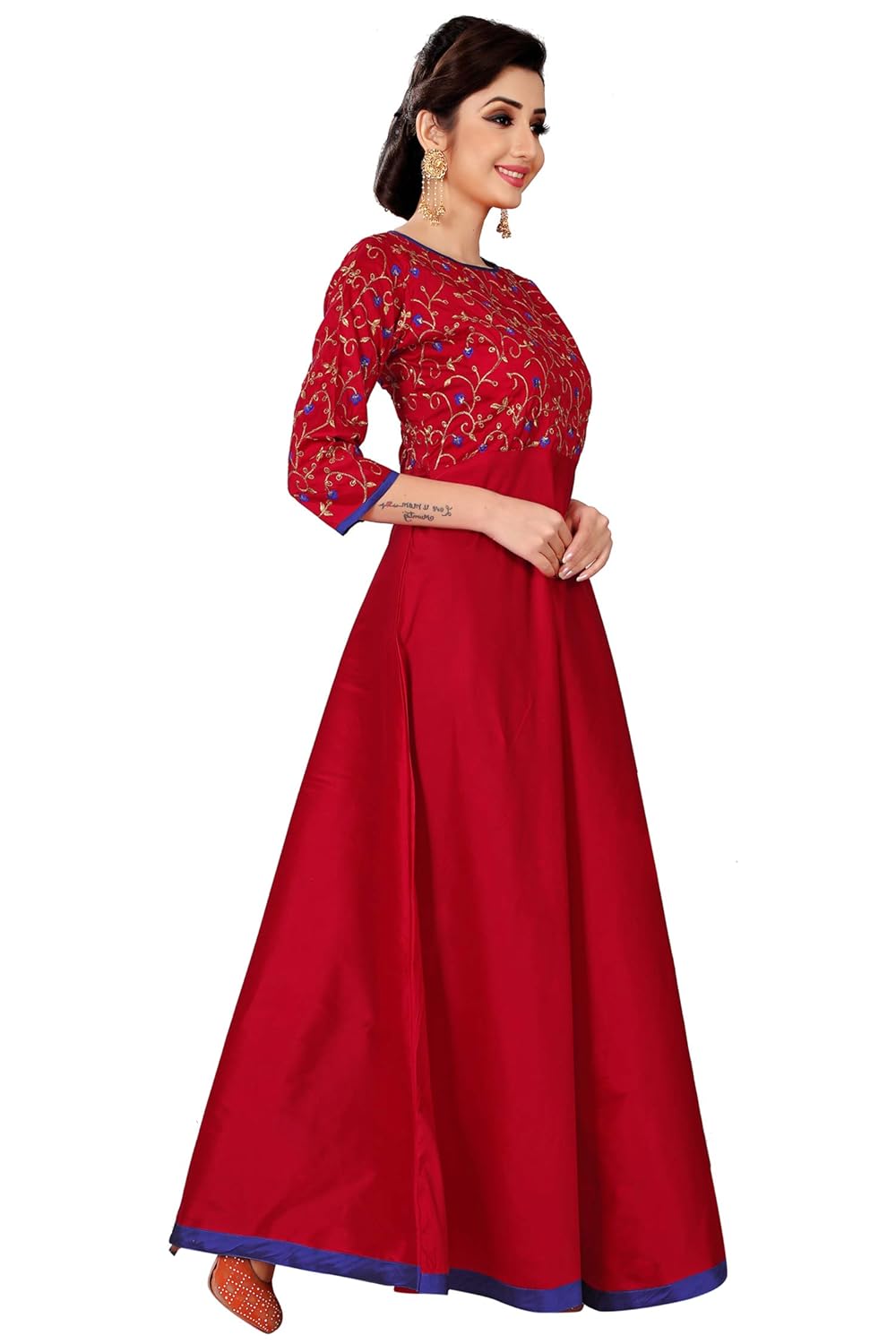 spangel fashion red silk embroderied design women's anarkali gown dress