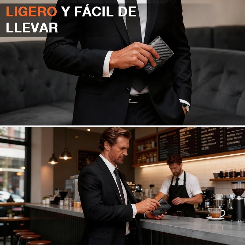 Carteras para Hombre | Tarjetero Cartera Hombre con Monedero & Bloqueo RFID | Tarjeteros para Tarjetas de Credito | Billeteras para Hombre | Regalo Hombre - Fibra de Carbon (Negro-Naranja)