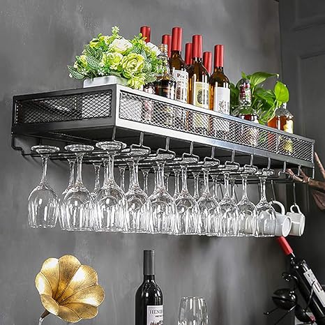 Amazon ぶら下げワインラック 素朴な壁掛けワインラック グリッドガードレール付きワインボトルホルダーワインカップラック ワイングラス ラックディスプレイスタンドホールド最大24 32カップグラス 大容量 ストレージ 収納 ワインラック ホルダー オンライン通販