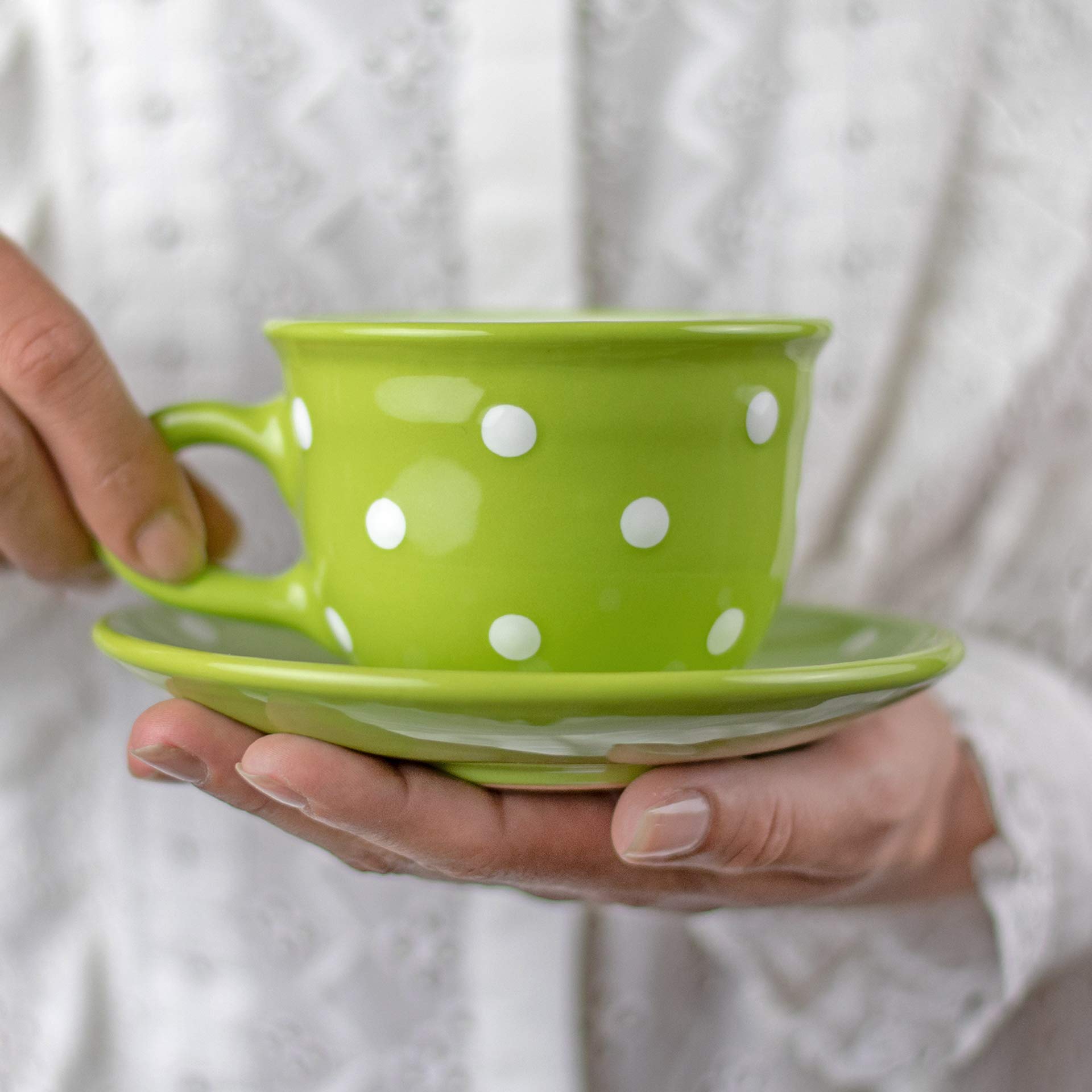 City to Cottage® Lime Green and White | Polka Dot Spotty | Designer Handmade Hand Painted | Unique Ceramic 8.4oz/250ml | Cappuccino Coffee Tea Cup with Saucer | Gift