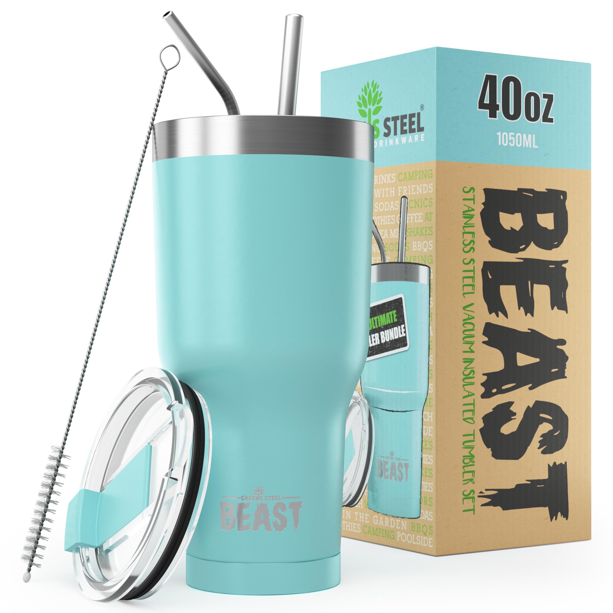 Beast Tumbler - 1050 ml (40 oz), Aqua Blue | Reusable Stainless Steel, Vacuum Insulated Cup | with + 2 Straws & Cleaning Brush | Double Wall Travel Flask Perfect for Hot or Iced Coffee | BPA Free