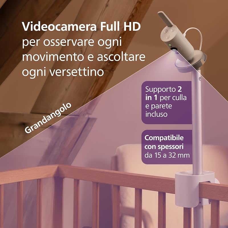 PHILIPS Avent Premium Connected Baby Monitor, il monitor più avanzato di sempre di Avent, controllo di sonno e respirazione con IA, HD, app, SCD973/26