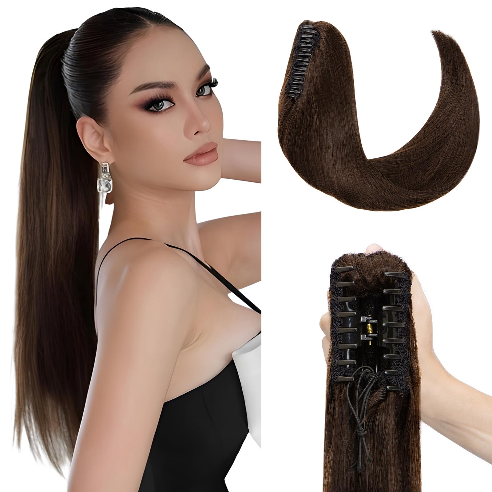 Elailite Ponytail Extension Real Human Hair Claw on Clip Natural HairPiece Straight (#2 Dark Brown, 20 Inch) โ image 1