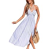 CUPSHE Women Backless Ruffle Summer Dress Halter Neck Plunge V Striped Side Slit Casual Sundress Beach Maxi Dress