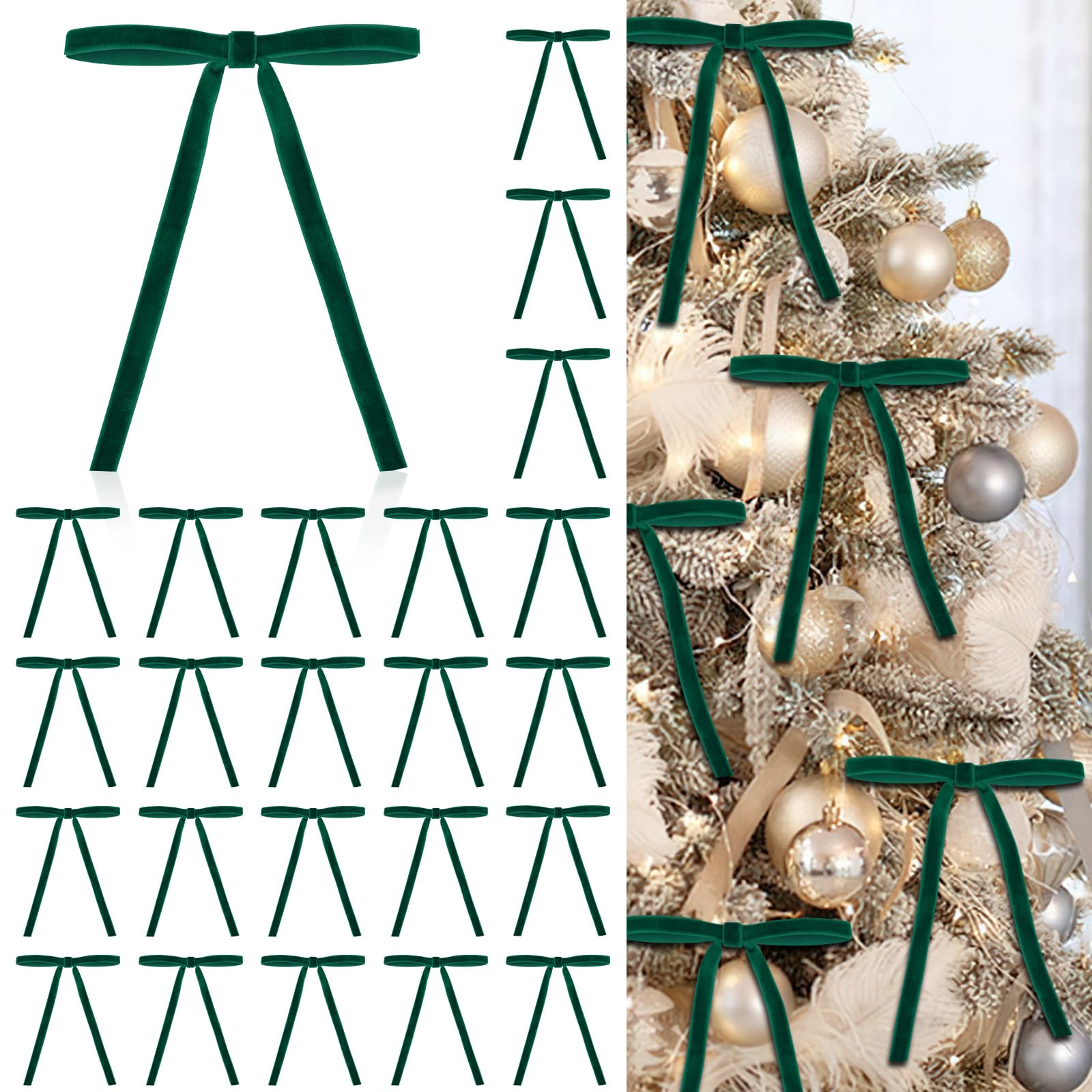 View 1 of 24 Pcs Green Velvet Bows for Christmas Tree, Elegant Dark Green Velvet Christmas Ornaments, 5x7 Inch Pre-Tied Ribbon Bows for Wreaths, Gifts & Holiday Décor (3/8")