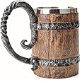 OTARTU Vintage Faux Oak Wood Barrel Beer Mug, Medieval Retro Viking Stainless Steel Coffee Cup Stein Tankard,17oz/500ML Cup Mug,Unique Gift
