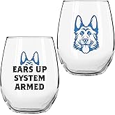 On The Rox German Shepherd Gifts for Dog Lovers - Ears Up System Armed 15 oz Stemless Wine Glass Set of 2 - Funny Dog Wine Glasses for Men and Women Drinks