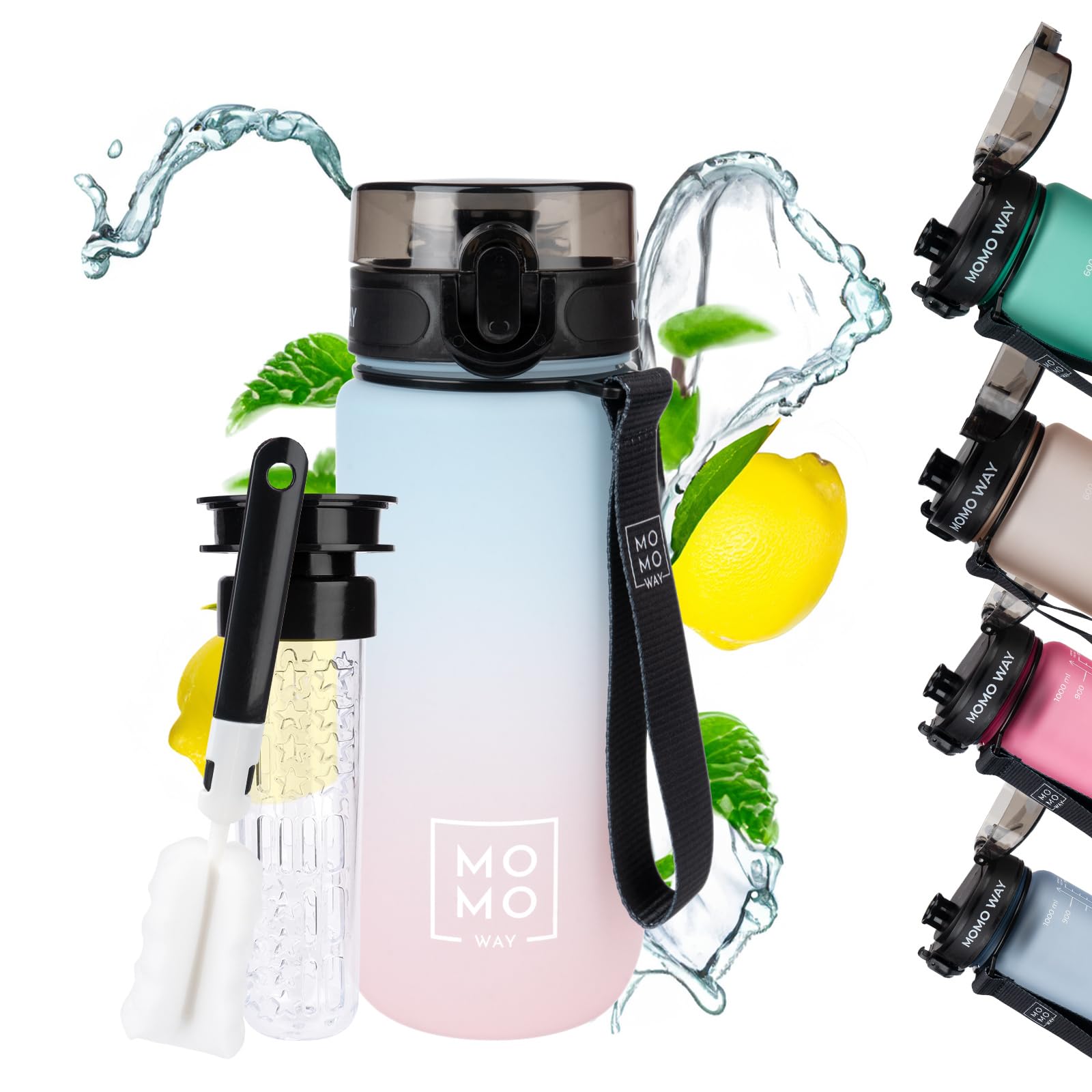 MOMO WAY Drinking Bottle Tritan Water Bottle BPA Free Reusable for School Sports Fitness Gym Easy Closure Gift for Men Women and Children Blue Pink 600ml