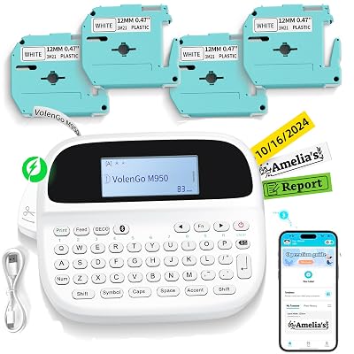 Label Maker Machine with 4 Tapes, Rechargeable Backlit Labeler for 12mm 0.47 White Waterproof-Labels, Bluetooth Label Printer Replacement for Brother Ptouch Label Maker Machine, for Office Home School