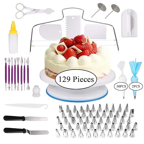 Cake Decorating Supplies129 Pcs Cake Decorating Tips For Beginnersbaking Decorating Supplies Set With Rotating Turntable Standicing Piping Tips