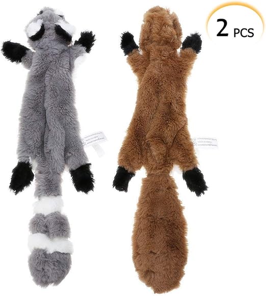 PDTO No Stuffing Dog Toy, 2 Pack Squirrel Raccoon Squeaky Plush Dog Toy