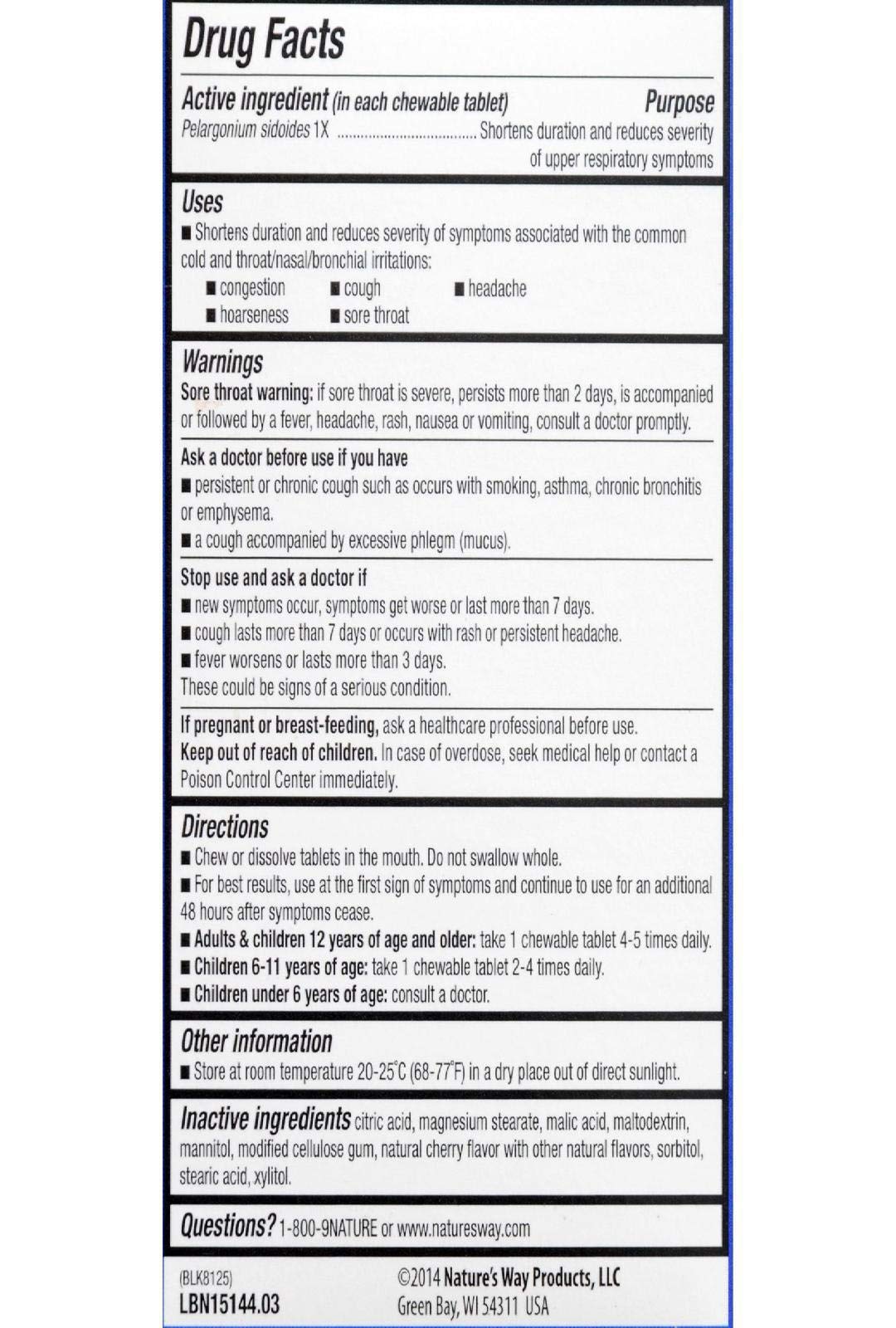 Nature's Way Umcka Cold Relief, Shortens Duration and Reduces Severity, Multi-Symptom Cold Relief, Homeopathic, Phenylephrine Free, Cherry Flavored, 20 Chewable Tablets